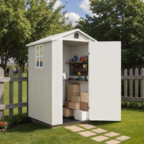 Greesum 4×4FT Plastic Outdoor Storage Shed with Floor, Resin Storaged Sheds with Lockable Door, Window & Vent, All-Weather Tool Sheds for Garden, Backyard, Patio, Light Gray (One-Piece Panel) Greesum