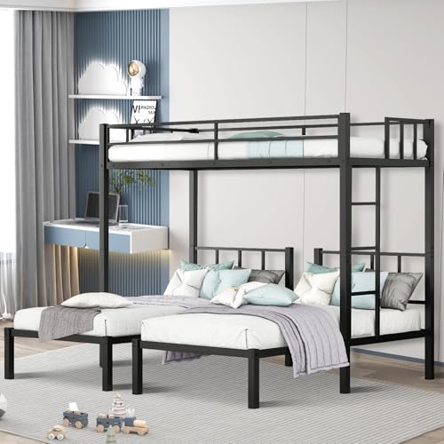 Zevemomo Twin Over Twin & Twin XL Bunk Bed, Metal Triple Bed with Safety Protect and Ladder, Convertible 3 Beds, No Boxing Spring Needed, Black Zevemomo