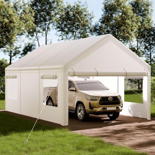 Shintenchi Portable Garage Canopy,10x20 FT Heavy-Duty Design Carport,Carport Canopy with Side-Opening Removable Door & Roll-Up Window,Portable Car Port for Car, Truck, Boat,White Shintenchi