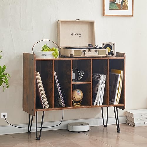 Leesingdo Large Record Player Stand with Vinyl Storage, Retro Brown Record Player Table with Power and USB Port, Holds Up to 200 Albums, Turntable Stand Vinyl Record Player Storage Cabinet Leesingdo