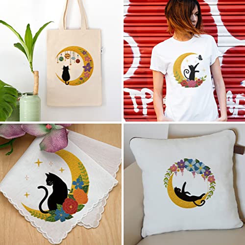 ORIGACH 4 Pack Cat Moon Embroidery Kits for Beginners, DIY Starter Hand Embroidery Kit with Moon Floral Patterns and Instructions