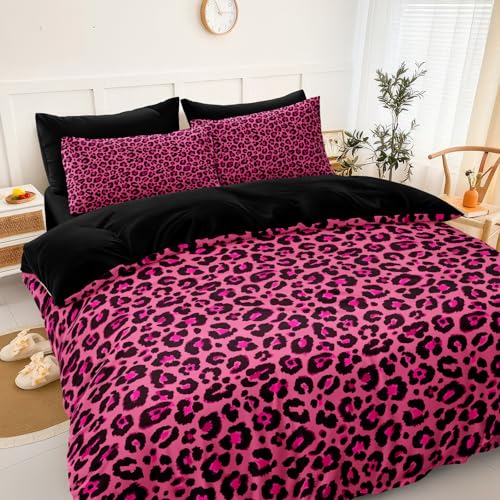 Leopard Print Comforter King Black and Pink Bedding Sets 8 Pcs Hot Pink Cheetah Animal Print Texture Wild Leopard Bed in A Bag with Comforter and Sheet Set Chumerry