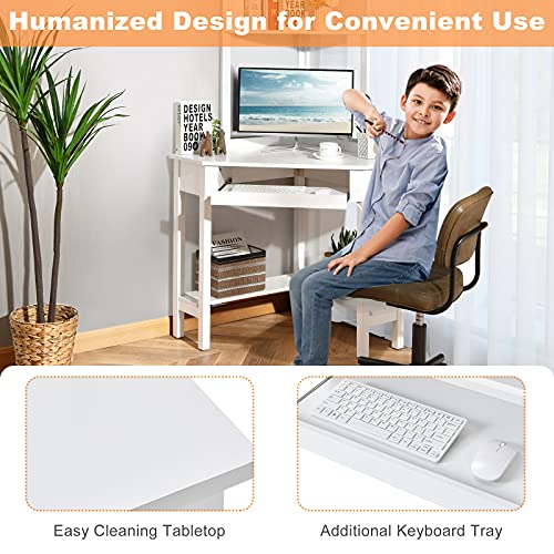 Tangkula White Corner Desk with Hutch, 90 Degrees Triangle Computer Desk with Keyboard Tray & Bookshelves for Small Space, Space Saving Writing Desk with Storage Shelves for Bedroom Apartment Tangkula