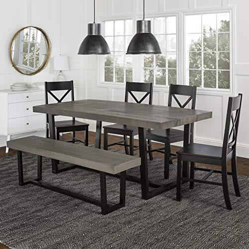 Walker Edison Barnes 6-Piece Rustic Metal and Wood Dining Table with X-Back Chairs, Set of 6, Grey/Black Walker Edison