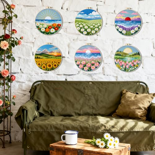 BEUNITONE Spring Landscape Embroidery Kit for Beginners, 6PC Needlepoint Kits with Hoops, Instructions, Threads, Needles, DIY Home Decor Craft for Adults, Creative Hand Embroidery Patterns for Gifts