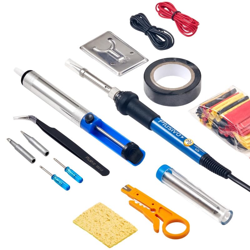 Soldering Iron Kit Electronics, Soldering Iron 60W Adjustable Temperature, Solder Wire, Wire Stripper, Desoldering Pump, Tweezers, Solder Tips, Mini Stand, Screwdrivers, Heatshrink Tubes from Plusivo Plusivo