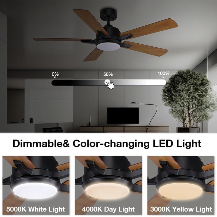 Hoenofly 52” Smart Ceiling Fans with Lights and Remote,Quiet DC Motor,Outdoor Indoor Wood& Black Ceiling Fan,Voice Control via WIFI Alexa App,Modern Dimmable LED Ceiling Fan for Bedroom Patio Porch Hoenofly