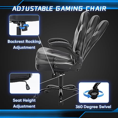 NEWBULIG Computer Gaming Desk Chair - Big Tall Ergonomic Lumbar Support with Flip-up Armrest and 360° Swivel Wheels, PU Leather Height Adjustable, for Home and Office, Grey NEWBULIG