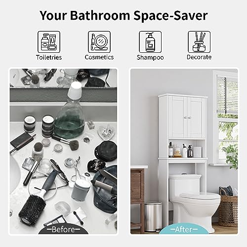 Shintenchi Over The Toilet Storage Cabinet, Bathroom Shelf Organizer with Anti-Tip Device Small Freestanding Space Saver with Adjustable Shelf,White Shintenchi