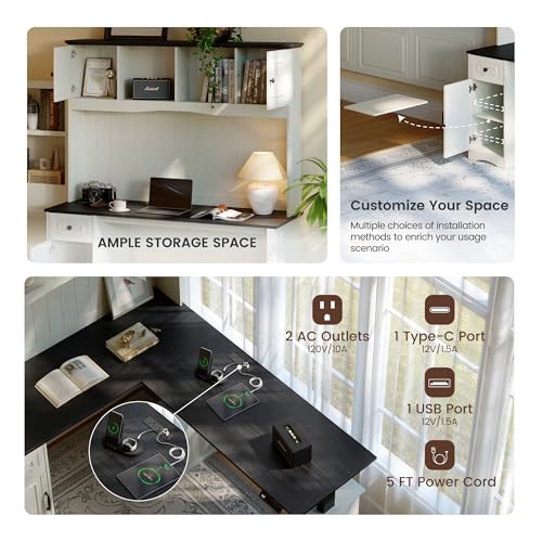 FEZIBO 60" L Shaped Executive Standing Desk with Hutch and Storage Cabinet, Farmhouse Standing Desk with Charging Station, Reversible Home Office Workstation, Antique White FEZIBO