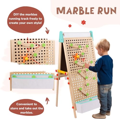 WINGYZ Kids Easel Wooden Marble Run for Kids 3-7, 4-in-1 Toddler Art Easel for Kids 2-4 Painting Station Stand Drawing, Double-Sided 6 Heights Black Chalkboard Magnetic Whiteboard Paper Roll Holder wingyz