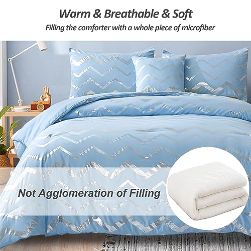 Menghomeus Blue/Silver Comforter Set Twin/Twin XL Size Metallic Print Glitter Bed Comforter Cute Shinny Bedding Sets for Teen Girls Kids, 3 Piece (1 Pillowcase, 1 Decorative Pillow Sham) Menghomeus