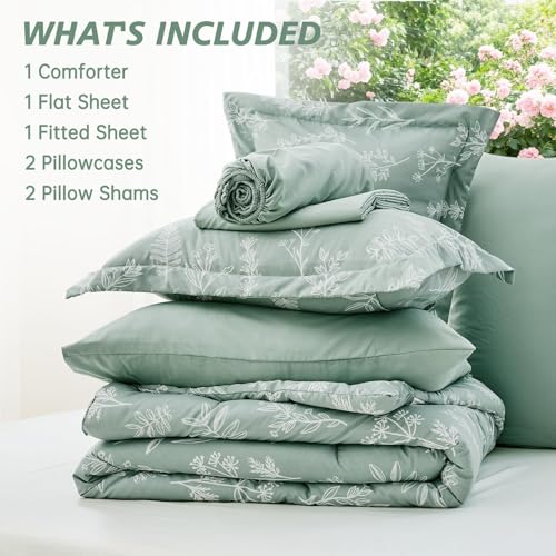 MUXHOMO Full Comforter Set, Sage Green Elegant Floral Print Bed in a Bag 7 Pieces, Ultra Soft & Breathable Reversible Botanical Pattern Bedding Set with Comforter, Sheets, Pillowcases, and Shams MUXHOMO