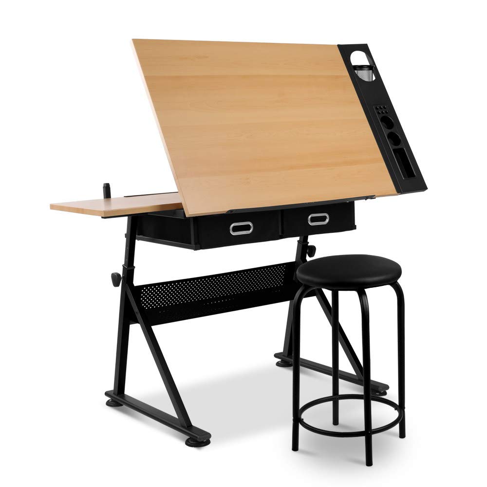 Drawing Table Stool Set Artiss Ajustable Metal Base Art & Craft Drafting Desk Table Art/Workstation with Removable Side Tray Drawers for Student Adults Artiss