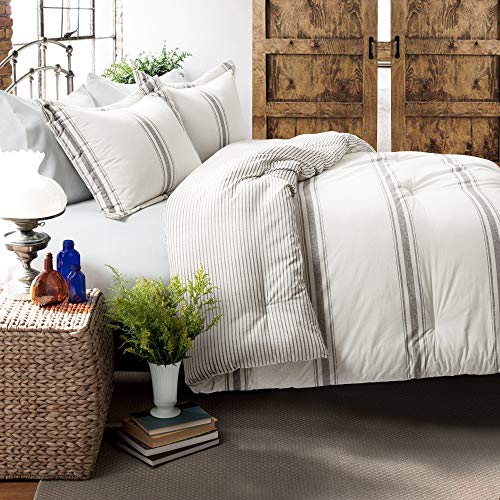 Lush Decor Stripe Reversible Cotton Comforter Set, Cozy Farmhouse Bedding Set, Full/Queen, Gray, 3 Piece Set Lush Decor