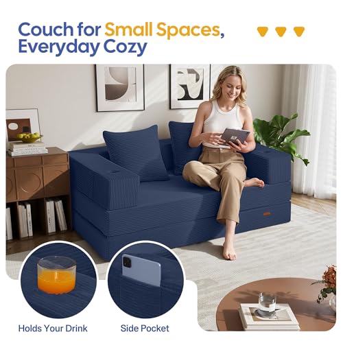 COMAX Futon Sofa Bed, 4‑in‑1 Convertible Sofa Bed, Folding Boneless Couches for Living Room, Fold Out Small Foldable Loveseat Floor Sleeper Comfy Mattress Lounge Space‑Saving, Navy Blue COMAX