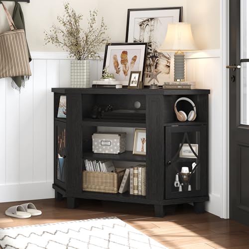 FansaFurn Corner TV Stands with 18'' Fireplace, Media Console Table with Adjustable Shelves & Acrylic Doors, Entertainment Center for TVs up to 55'', Corner Cabinet for Living Room, Bedroom, Black FansaFurn