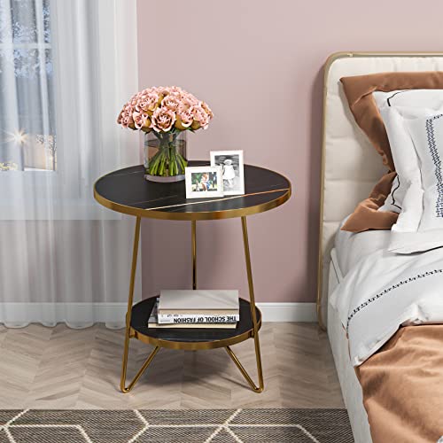 Tribesigns Faux Marble End Table, 2 Tier Round Side Table with Shelves, Modern Black Nightstand Bedside Table Small Coffee Accent Table for Living Room Bedroom, Black and Gold Tribesigns