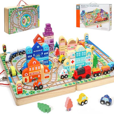 Wooden Building Blocks Set, Electric Train City Construction Stacking Blocks Preschool Learning Educational Toys,Toddler Toys for 3+ Year Old Boy and
