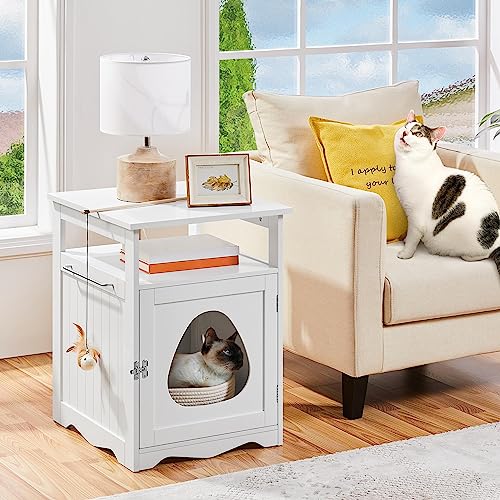 Yaheetech Cat Litter Box Enclosure, Hidden Litter Box Furniture with Open Shelf, Indoor Cat Washroom, Storage Cabinet Pet Crate, Side End Table, Wooden Pet House White Yaheetech
