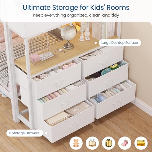 Twin Over Twin Bunk Bed with 6 Storage Drawers & 3 Boxes, Dual Side Shelves, Twin Bunk Beds for Kids with LED Lights and Charging Station, Heavy Duty Metal Bunk Bed with Safety Guardrail and Ladder mojiasion