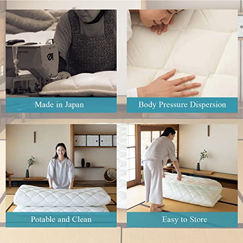 EMOOR Japanese Futon Mattress CLASSE Queen Made in Japan White, Foldable Floor Sleeping Bed Tatami Mat EMOOR