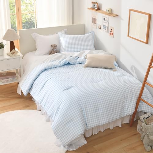 Andency Light Blue Gingham Comforter Set Full(79x90Inch), Checkered Grid Plaid Buffalo Bed Set for Girls Boys Kids Teens, 3 Pieces Lightweight Microfiber Geometric Preppy Bedding Andency