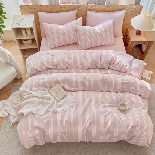 BESTDESIL Pink Striped Duvet Cover Set 100% Washed Cotton Linen Like Super Soft Chic Bedding Set 3 Pcs Greyish Pink-White Full BESTDESIL