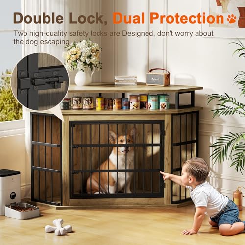 51" Corner Dog Crate Furniture, Wooden Dog Kennel Furniture with 2-Tier Shelves, Decorative Wood Dog House for Small/Medium/Large Dog, Space-Saving Dog Cage for TV Stand(Oak) VONZOY