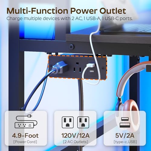 YATINEY Small Computer Desk with Charging Station and LED Lights, Gaming Desk with Monitor Stand, 2-Tier Home Office Desk with 4 Side Hooks, for Living Room, Home Office, Black DN01UDBBY2 YATINEY