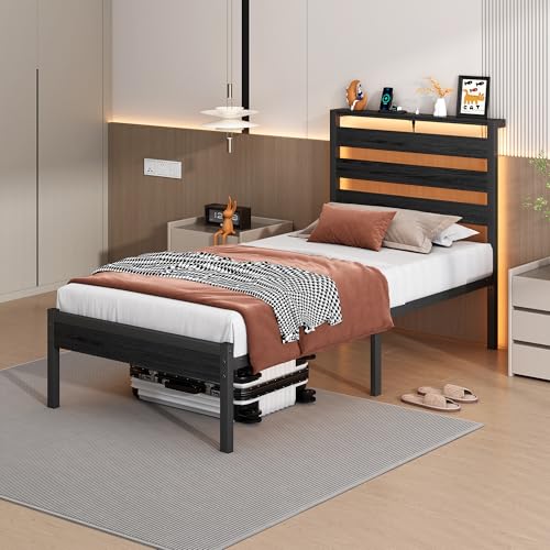 CLIBFENG Bed Frame Twin Size with USB Charging Station, LED Bed Frame with Wood Storage Headboard, Black Metal Platform Bed with Under Bed Storage, No Box Spring Needed, Noise Free CLIBFENG