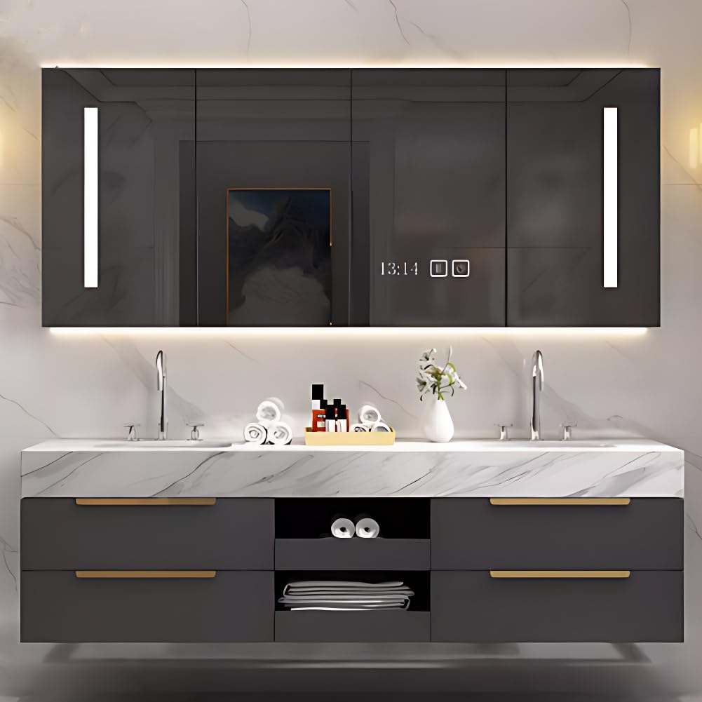 Kadaligh 60IN Modern Double Sink Bathroom Vanity - Floating Bathroom Vanity Cabinet Include 2 Sink Designs & Dressing Mirror Cabinet with LED | 4 Large Drawers & Golden Handles, Grey Kadaligh