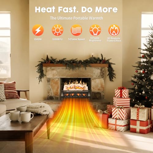 KISSAIR Electric Fireplace Log Inserts Heater, 21'' Freestanding Electric Fireplace Log Set, 5 Flame Brightness, 5 Flicker Speed, Heater 750W/1500W with Remote Control, Overheat Protection KISSAIR