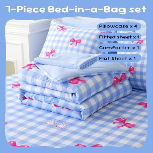Wajade Bow Comforter Set 7 Piece Blue White Plaid Comforter Sets for Girls Kids Twin Size Checkered Bedding Set with Sheet and 2 Pillowcases 2 Pillow Shams Cute Girls Bed in a Bag as Birthday Choice Wajade