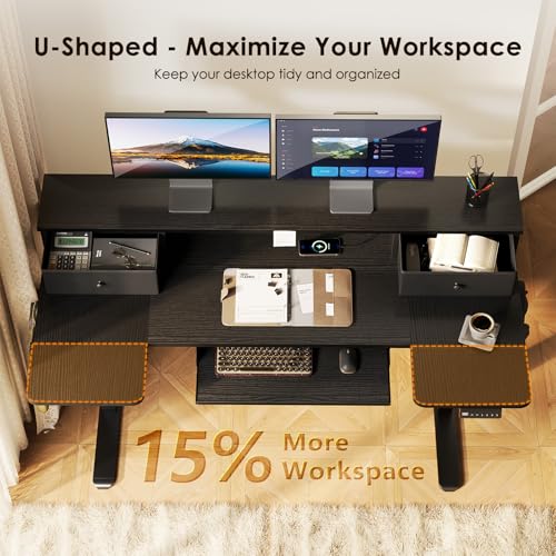 OffiGo U Shaped Electric Standing Desk with Drawers, 55 Inch Height Adjustable Desk with Keyboard Tray & Ergonomic Monitor Stand, Sit Stand Table with Power Outlets for Home, Office, Black OffiGo