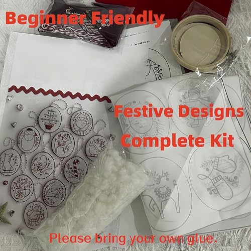 Christmas Embroidery Ornament Kit, 12PCS DIY Hand Embroidery Set for Beginners & Adults, Complete Holiday Craft Kit with Threads, Needles & Instructions, Festive Tree & Gifts Decor (Red)
