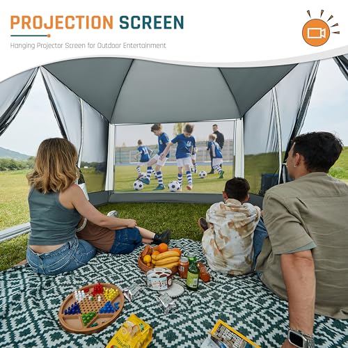 Screen House Room 13x9Ft DMH OUTDOORS Screen Tent Mesh Gazebos w/ 2 Magnetic Doors, Included Projection Screen, Camping Tent Screened Canopy Shelter for Outdoor Patios Backyards Activities DMH OUTDOORS