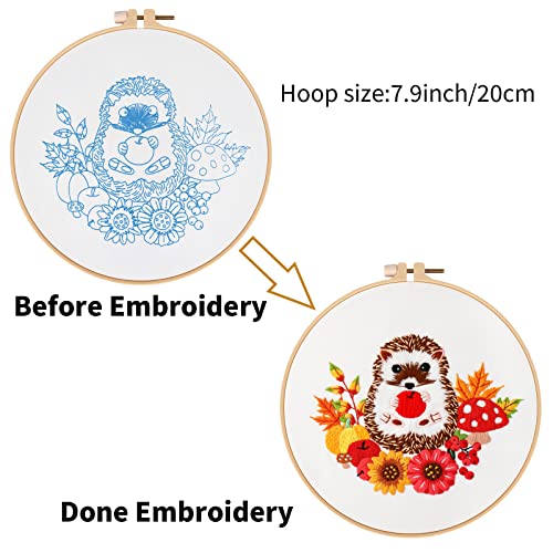 Louise Maelys Animal Embroidery Kits for Beginners with Autumn Hedgehog Pattern,Adults Starter Cross Stitch Kit DIY Needlepoint