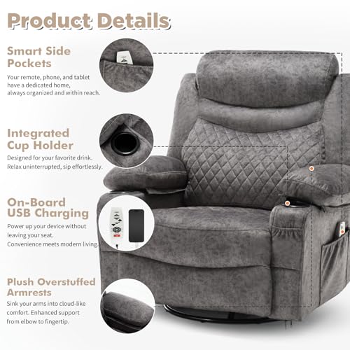 linting Oversized Power Swivel Rocker Recliner Chair with Cup Holder, Fabric Electric Rocking Glider Chair Power Recliner Chair with Heat and Massage USB Port, Grey
