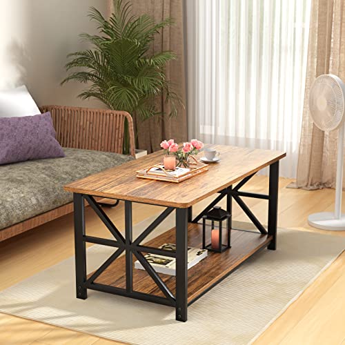 GreenForest Coffee Table with Round Corner, Farmhouse Center Table with 2-Tier Storage Shelf X-Frame Design for Living Room, 39 inch Walnut GreenForest