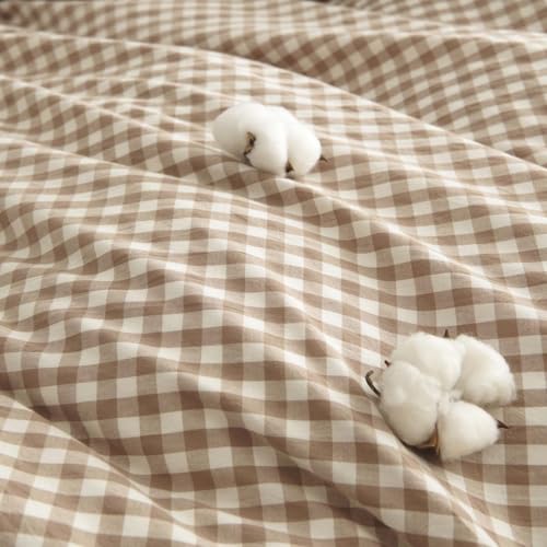 Nayoroom Gingham Duvet Cover King Size 100% Washed Cotton Brown Tan Plaid Checkered Comforter Cover 3 Pcs Soft Breathable Grid Farmhouse Dorm Bedding Set for All Seasons Nayoroom