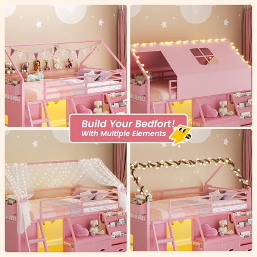 ADORNEVE Low Loft Bed Twin Size with Bookshelf, Reading Nook, LED Kids Loft Bed with 3 Drawers, Under-Bed Play Space, House Loft Beds with Safety Guardrail, Inclined Ladde & Play Curtain, Pink ADORNEVE