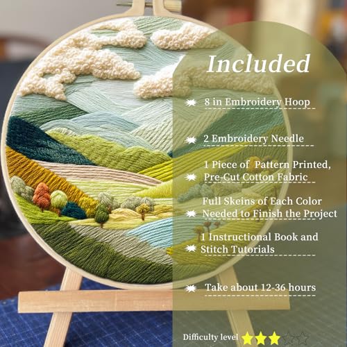 FONNUY Embroidery Kit for Beginners, Nature Hills Landscape Pre-Stamped Pattern Kits for Adults with Hoop, Easy to Follow Color Thread Needlework, 8'' Hoop (Rolling Mountains)