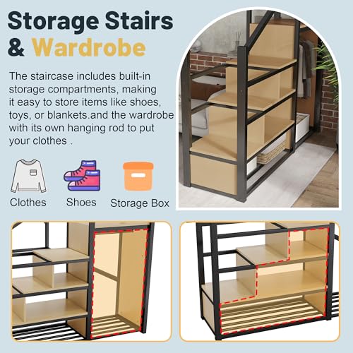 Mirightone Metal Full Size Loft Bed with Stairs,Heavy Duty High Loft Bed Full with Storage Upper Shelf and Wardrobe for Adults Teens, No Box Spring Needed, No Noise, Black Mirightone
