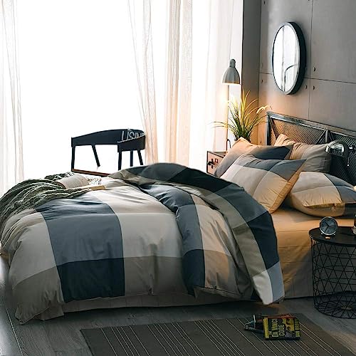 Queen Comforter Set Fluffy Plaid Checkered Pattern Comforter Set Modern Style Geometric Comforter with 2 Pillow Shams Grid Plaid Bedding Comforter for Boys Men All Season Queen Size Bed Comforter Set LifeTB