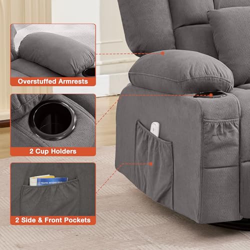 Rocker Recliner Chair with Heating and Kneading Massage for Adults,360ยฐSwivel Rocker Recliner with Cup Holder and USB Charge Port for Living Room,Bedroom, Nursery
