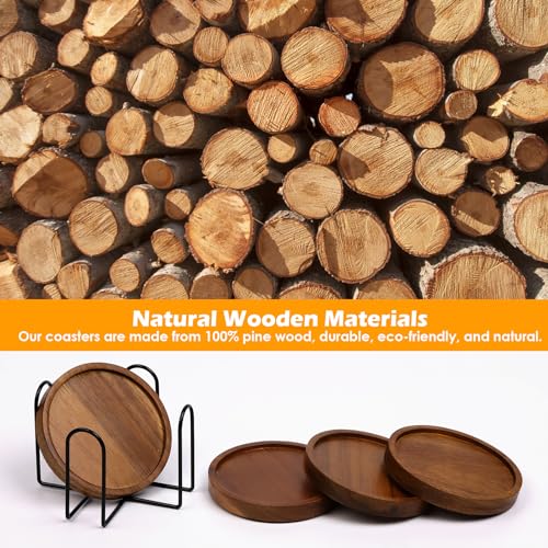 4 Pcs Wood Coasters for Drinks Absorbent, Wooden Coasters with Holder, Drink Coasters for Coffee Table, Absorbent Coaster Set for Table Protection Drink Coasters for Farmhouse, Office, Bar Mckanti