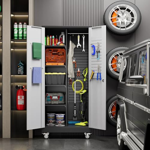 GLADIW Garage Storage Cabinet with Wheels, Broom Closet Storage Cabinet with Pegboards and Adjustable Shelves, Metal Tool Cabinet with Lockable Door for Garage Home, Black and White GLADIW
