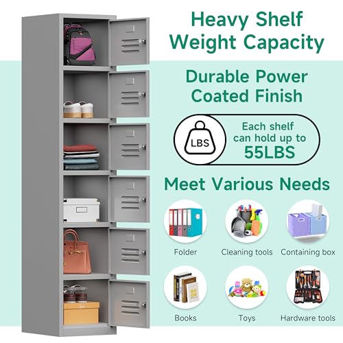 Kooyon 71" Metal Storage Cabinet with 6 Doors,Metal Lockers for Employees,Lockable Locker Cabinets for School, Gym, Home, Office Staff, Garage-Assembly Required(Gray) Kooyon