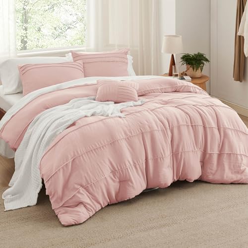 Bedsure Full Comforter Set - 4 Pieces Pinch Pleat Bed Set, Light Pink Boho Bedding for All Season, 1 Soft Comforter, 2 Pillowcases, 1 Decorative Pillow Bedsure